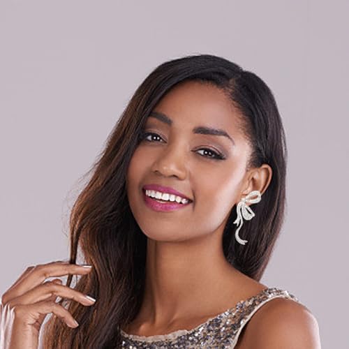 Gold/Silver/Pink Bow Earrings for Women, Cute Crystal Ribbon Stud S925 Silver Post, Trendy Rhinestone Minimalist Small Jewelry for Prom Birthday Party3