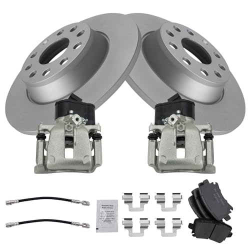 Image of TRQ Rear Brake Pad and Rotor Set Ceramic Coated Calipers Compatible with 2009-2016 Volkswagen CC 2009-2017 Tiguan 2018 Tiguan Limited