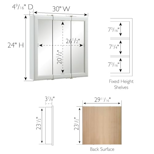 Design House Wyndham Bathroom Medicine Cabinet with Mirror, 30 Inch Wall Mount Medicine Cabinet, 3 Mirrored Doors, Bathroom Wall Cabinet with Storage, White, 30" W x 4.5" D x 24" H, 535864-WHT by Design House - Image 8