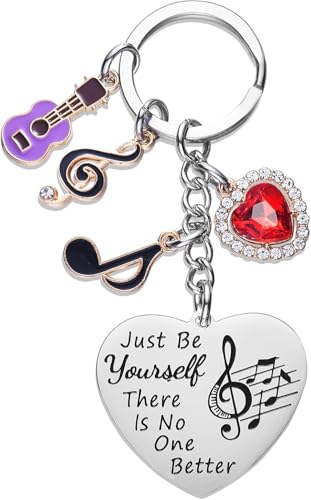 AWIWTOBQ Keychain Music Themed Inspirational Keyring Gift for Women Daughter Girls Music Lovers Friend with Heart Pendant,Guitar and Musical Notes Charms - Just Be Yourself There Is No One Better