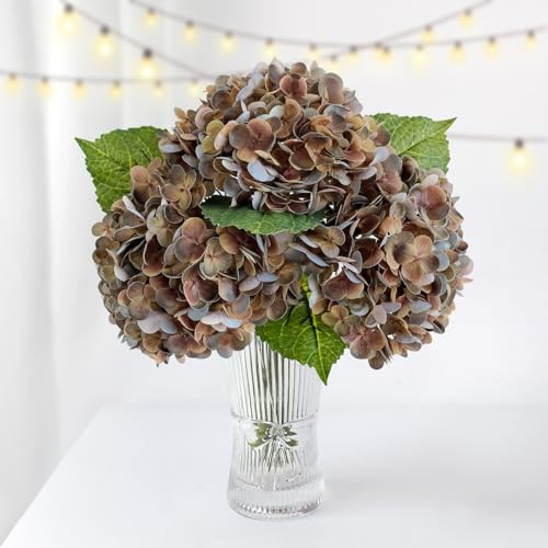 ZYTUYO 3PCS Brown Hydrangeas Artificial Flower 21 Real Touch Faux Latex Fake Hydrangeas Silk Bouquet for Home Kitchen Living Room Spring Table Office Wedding Party Arrangement