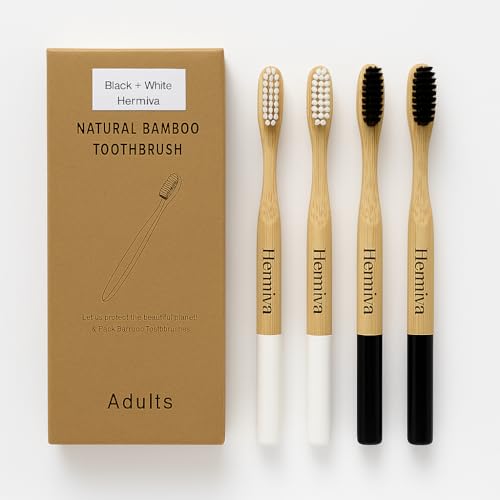 Hermivá® – Lot de 4 brosses à dents en bambou | Pack Noir & Blanc | Poils doux sans BPA | Écologiques & biodégradables | Idéal pour toute la famille