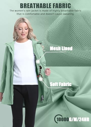 ATLASLAVA Regenmantel Damen Regenjacke wasserdicht Lang mit Kapuze Gefütterte Mantel Windbreaker Leicht Outdoor Jacke Graugrün M