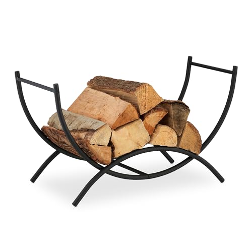 Relaxdays Negra Cesto Leñero, de Metal, 38 x 67 x 32,5 cm, Soporte para Leña de Interior, Estante para Troncos Curvado, Acero
