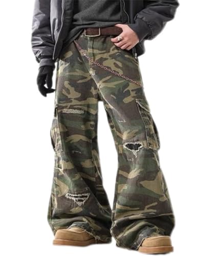 Y2k Hip Hop Wide Leg Denim Pants Distressed Ripped Camo Pants