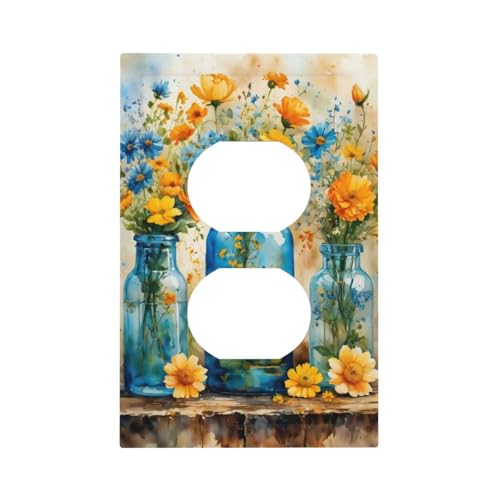Decorative Outlet Covers Rustic Yellow Flowers Floral Blue Bottles 1 Gang Duplex Light Switch Cover Plate Wall Plates for Electrical Outlets Switchplate Faceplate for Country Bedroom Decor