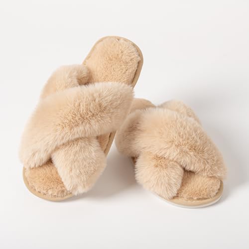 Image of Enteer Women's Slipper Memory Foam Cross Band Fuzzy Slippers Open Toe Cozy House Slippers Cozy Plush Bedroom Indoor Outdoor