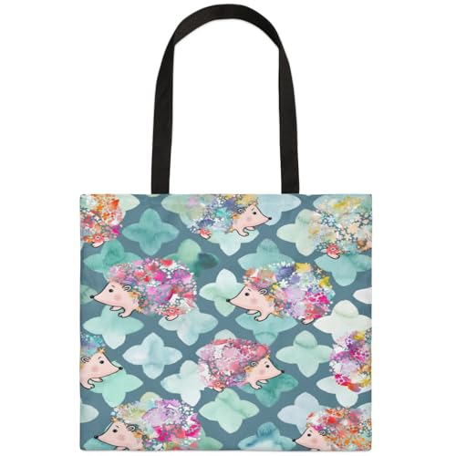 Mularoka Watercolour Flower Hedgehog Square Canvas Tote Bag Top Handle Purses Stylish Women Canvas Shoulder Tote Bags Reusable Handbags for Work Travel Picnic Beach Shopping Gym Hiking