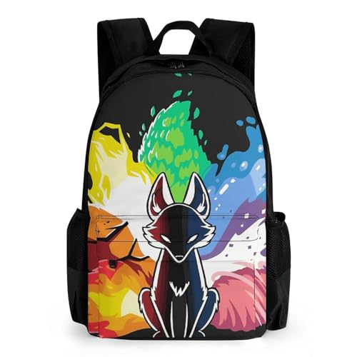 Polyester Daypack for Camping Travel Walking Cycling - Big Capacity Anti-Theft Multipurpose Bookbag, Elemental Fox Kitsune Colorful Lighting Art Camping Outdoor Backpack