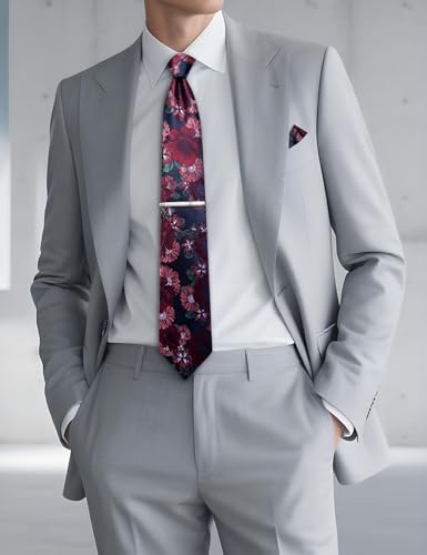 Image of DiBanGu Silk Floral Ties for Men Woven Paisley Necktie and Tie Clip Handkerchief Cufflinks Set for Party Wedding