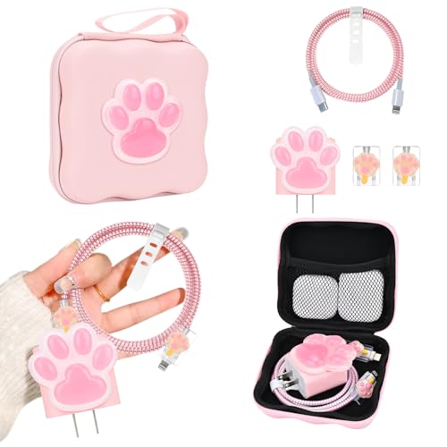 CameCosy Phone Charger Storage Case Cover Sets with Cable Protector for iPhone Charger, Wave Travel Storage Bag, Cord Wire Saver Cable Organizer Soft DIY Charger Protector (Pink Cat Claw)