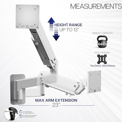 VIVO Premium Aluminum Heavy Duty Monitor Arm for Ultrawide Screens up to 49 inches and 44 lbs, Single Wall Mount, Pneumatic Height, Max VESA 100x100, White, MOUNT-V101G1W - Image 2