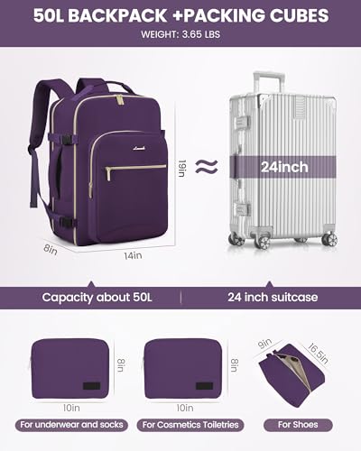 Image of LOVEVOOK 50L Travel Backpack Flight Approved Carry on Backpack,3 Packing Cubes,Waterproof Personal Item Travel Bag,TSA Carry on Luggage Suitcase Travel Essentials,Gifts for Women & Men,fits 18 inch Laptop