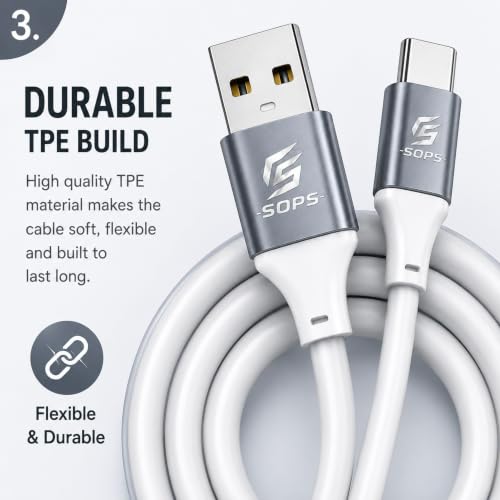 Image of 33W USB to Type C Fast Charging Cable, 3A USB A to USB C Charger Cable, High Speed Data Sync, Durable TPE, Reinforced Metal Connectors, 1 Meter, Phantom Black White