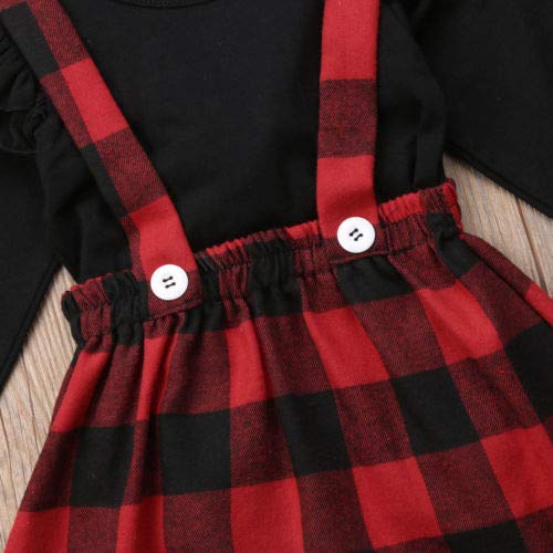 Mubineo Toddler Baby Girl Infant Plain T Shirts Plaid Overall Skirt Set Cotton Outfits (Black+Red, 6-12 Months)