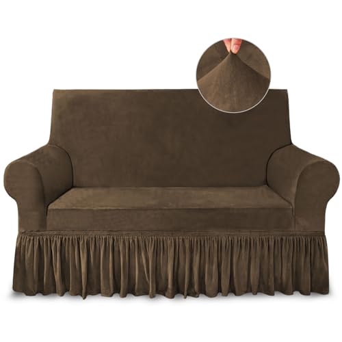NICEEC Loveseat Cover Super Soft 1-Piece Brown Slipcover for Loveseats Stretch Universal Spandex Couch Covers for Living Room Easy Fit Washable Furniture Sofa Protector with Skirt