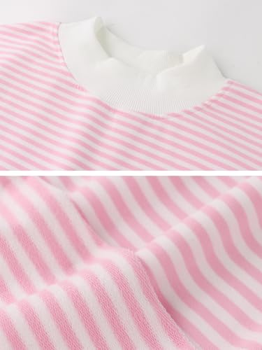 Anoumcy Oversized Striped Mock Neck Sweatshirt Women Cotton Turtleneck Pullover Long Sleeve Tops Spring Fall Outfits Pink White L