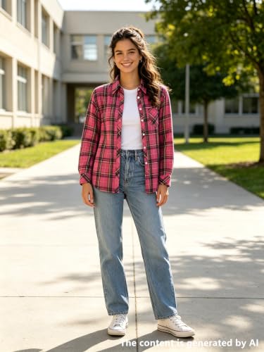 Image of SANGTREE Women and Girls Long Sleeve Flannel Casual Button Down Plaid Shirt