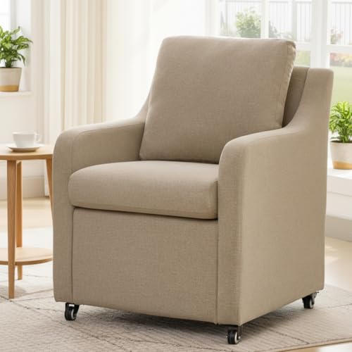 Hicosit Rolled Dining Chair with Casters, Upholstered Modern Swivel Armchair with Wheels for Kitchen (1, Fabric Camel)
