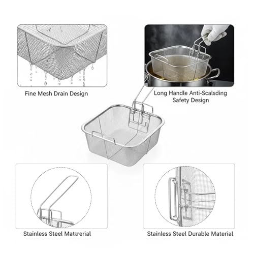 Stainless Steel 7.8 Inch Square Deep Fryer Basket，Features a Folding Handle for Easy Storage. Ideal for Frying Chips, Tacos & More in Your Deep Fryer, Versatile Kitchen Frying