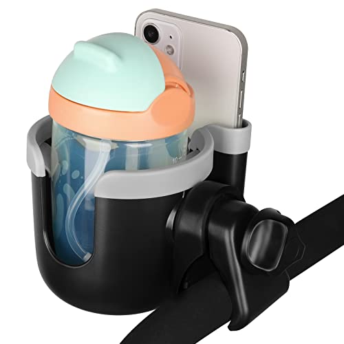 Image of Accmor Stroller Cup Holder with Phone Holder, Bike Cup Holder, Universal Cup Holder for Uppababy Nuna Doona Strollers, 2-in-1 Cup Holder for Walker, Wheelchair, Scooter