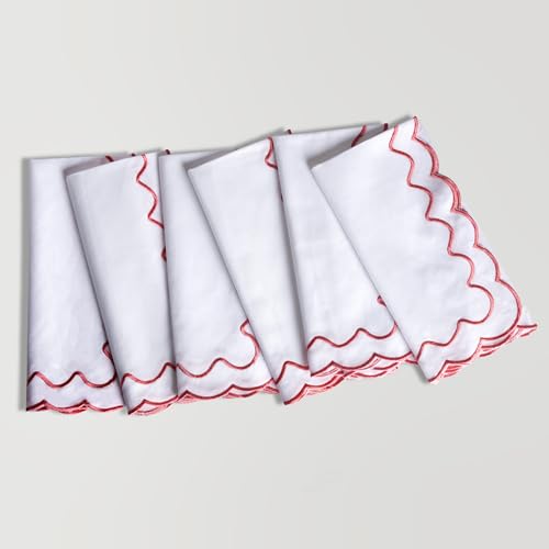 FINGERCRAFT Scallop Embroidery Cloth Napkins, Set of 6, Double Scallop