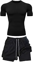 Kit Camiseta Compressão Rash Guard Manga Curta e Shorts Duplo Jiu Jitsu No Gi Treino Masculino bermuda 2 em 1