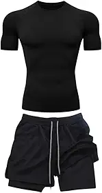 Kit Camiseta Compressão Rash Guard Manga Curta e Shorts Duplo Jiu Jitsu No Gi Treino Masculino bermuda 2 em 1
