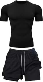 Kit Camiseta Compressão Rash Guard Manga Curta e Shorts Duplo Jiu Jitsu No Gi Treino Masculino bermuda 2 em 1