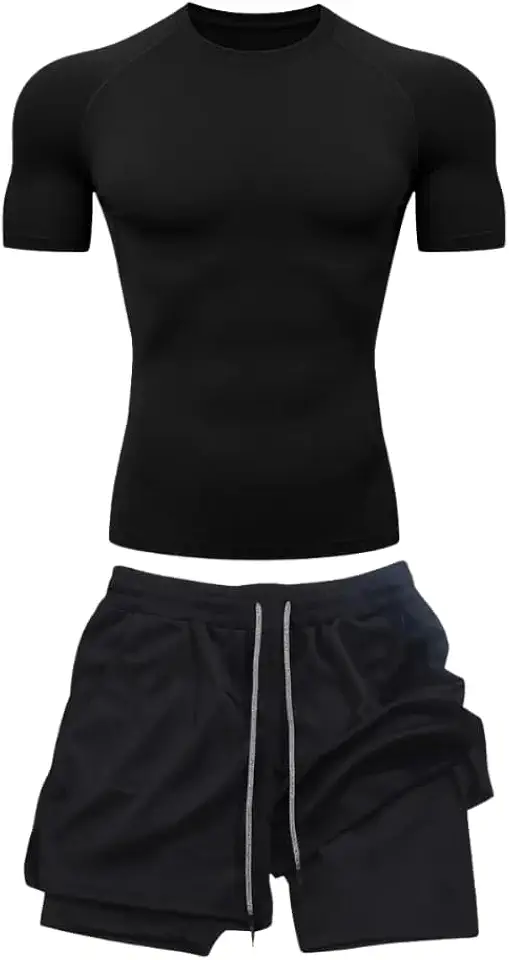 Kit Camiseta Compressão Rash Guard Manga Curta e Shorts Duplo Jiu Jitsu No Gi Treino Masculino bermuda 2 em 1