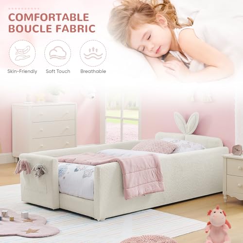 Image of Twin Size Kids Bed with Rabbit Ear Headboard, Upholstered Boucle Fabric Twin Daybed with Slats Support & Side Pockets, Space-Saving Wooden Corner Sofa Couch Bed Frame for Girls, Boys, Teenager(Beige)