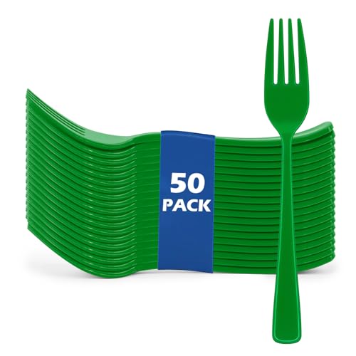 ZLMTZDJD 50 PCS Plastic Forks Set - Premium Heavy Duty Forks - Forks Disposable for Parties Picnics Weddings Engagements and Special Events (Dark green)