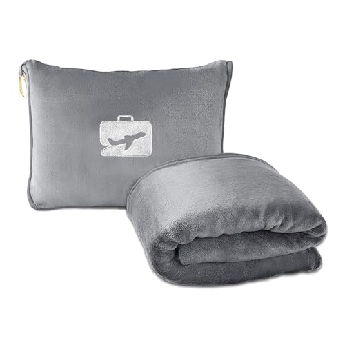 LUFEIS Travel Blanket and Pillow, 2 in 1 Airplane Blanket with Soft Bag Pillowcase, Portable Travel Blankets with Hand Luggage Belt and Backpack Clip, Ideal for Long Flights, Camping (Grey)