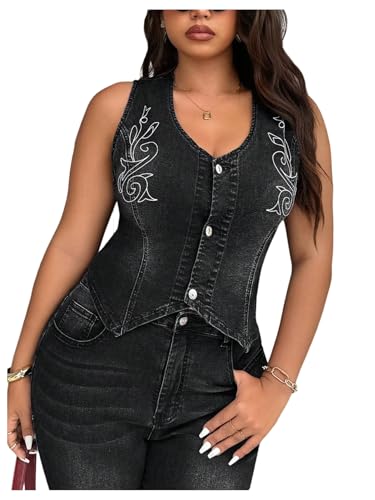 Floerns Women's Plus Size Embroidery Denim Vest Sleeveless Button Down Jean Waistcoat