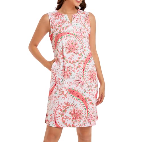 Lightbare Womens UPF 50+ Casual Sundress Sleeveless Tank Dress Notch Neck Summer Floral Dresses with Pockets Loose Fit