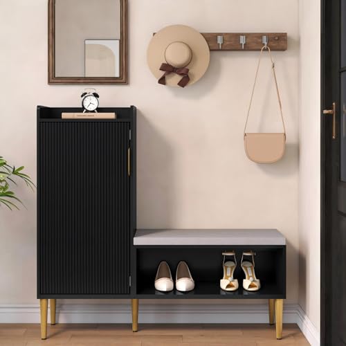 Image of Storage Bench with Fluted Door&Shelf, L-Shaped Entryway Bench | Black Modern Living Room Bench with Padded Seat, Small Shoe Organizer Cabinet for Hallway, Office