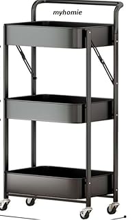 MY HOMIE 3-Tier Foldable Beauty Trolley Cart on Wheels - Heavy Duty Metal Storage Organizer for Salon, Kitchen, Bathroom, Hairdressing, Lash Extensions, Crafts & Home - Wheels, Rust-Proof-Black
