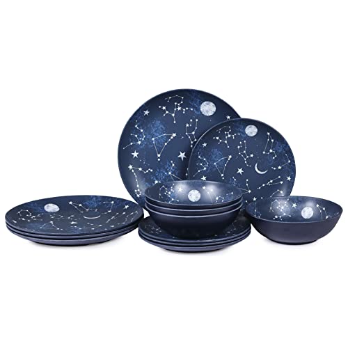 galaxy microwave plate - 12 Piece Melamine Dinnerware Sets for 4 - Starry Pattern Camping Dishes Set for Indoor and Outdoor Use, Dishwasher Safe Plates and Bowls Sets, Dark Blue