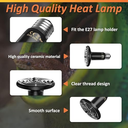 Bonlux 100W Reptile Heat Lamp, Ceramic Emitter, No Light - Black, Pet Heat Lamp (2 Pack) for Reptiles, Lizards, Tortoise, Snakes, Chicken, Dog