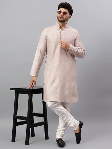 Image of LATEST CHIKAN Men's Cotton Silk Kurta Pajama Set with Mandarin Collar - Ethnic Wear for Weddings, Festivals & Functions