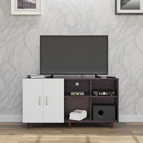 Image of VIKI Modern TV Unit for Living Room | Engineered Wood TV Cabinet with 2 Door Storage & 2 Open Shelves, Entertainment Unit, 140W x 74H x 40D cm | DIY | 1 Year Warranty (Wenge & White)