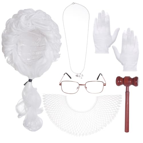Tayfremn 6Pcs Judge Costume Adult Judge Costume Accessories Women Men Halloween Judge Lawyer Costume with Wig Collar Wooden Gavel Necklace Glove Glasses for Halloween Party Cosplay Dress Up White