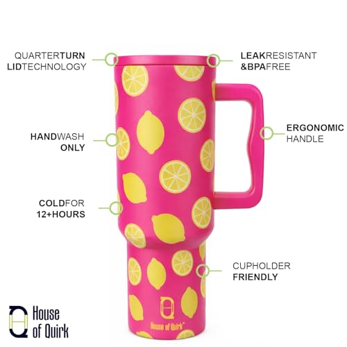 Image of House of Quirk 1200ML Stainless Steel Tumbler with Handle & Lid, 2 Straws - Large Travel Mug Water Cup for Gym, Office & Outdoor Use (Pink Lemon)