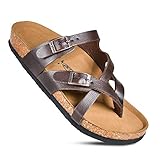 AEROTHOTIC Cute Slides for Women with Arch Support Comfy Adjustable Buckle Split Toe Straps with Cushioned Memory Foam Cork Foodbed Slip on Luxury Outdoor Walking Sandals (Celestis Brown, Size 9)
