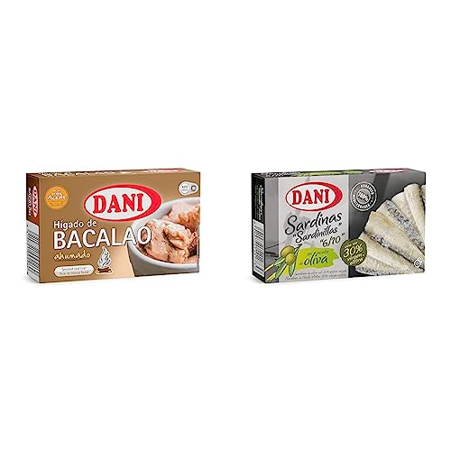 Dani - Hígado de bacalao ahumado - Pack 5 x 120 gr. & Sardinillas en aceite de oliva 30% virgen extra - 12 x 90 gr.