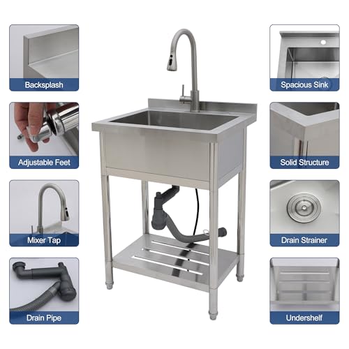 Sarlai Stainless Steel Utility Sink Freestanding Commercial Restaurant Kitchen Sink Outdoor Sink Single Bowl Laundry Sink Utility Kitchen Sink With Faucet for Garage Outdoor Indoor - Thumbnail 7