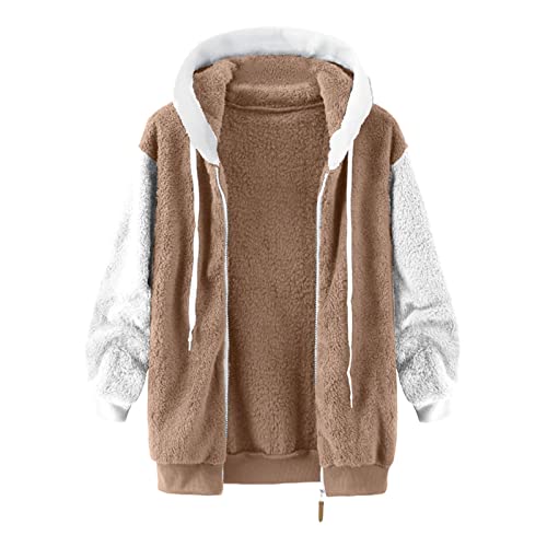 Fuzzy Fleece Jackets for Women Plus Size Hoodies Fall Winter Coats Color Block Patchwork Cardigan Coat with Pockets