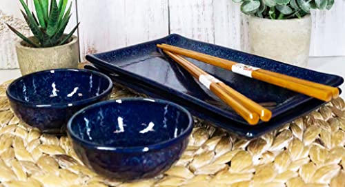 Ebros Gift Japanese Tombo Dragonfly Blue Ceramic Sushi Or Sashimi Dinnerware Set Service For Two Includes 2 Each Of Plates Sauce Bowls And Chopsticks Made In Japan Home Decor Dining Housewarming Gift #TOP6