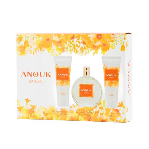 ANOUK - Original, Perfume 100 ml + Gel Baño 75 ml + Loción Corporal 75 ml, Estuche Regalo de Mujer, Pack Anouk 3 Pieza, Floral, Frutal y Fresca, Elegante y de Larga Duración