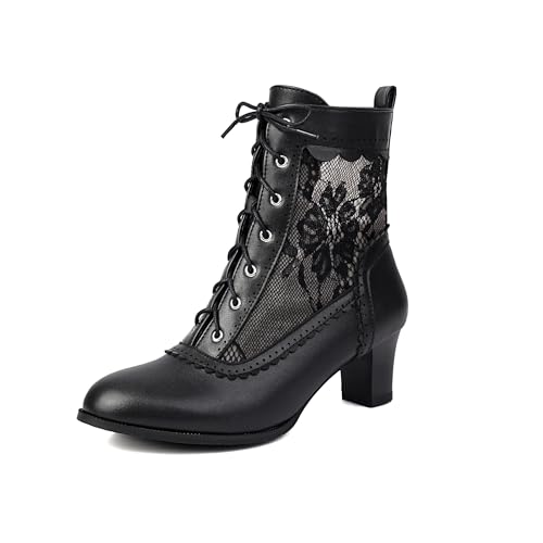 Women Victorian Boots Lace up Ankle Boots Witch Costume Booties Side Zipper